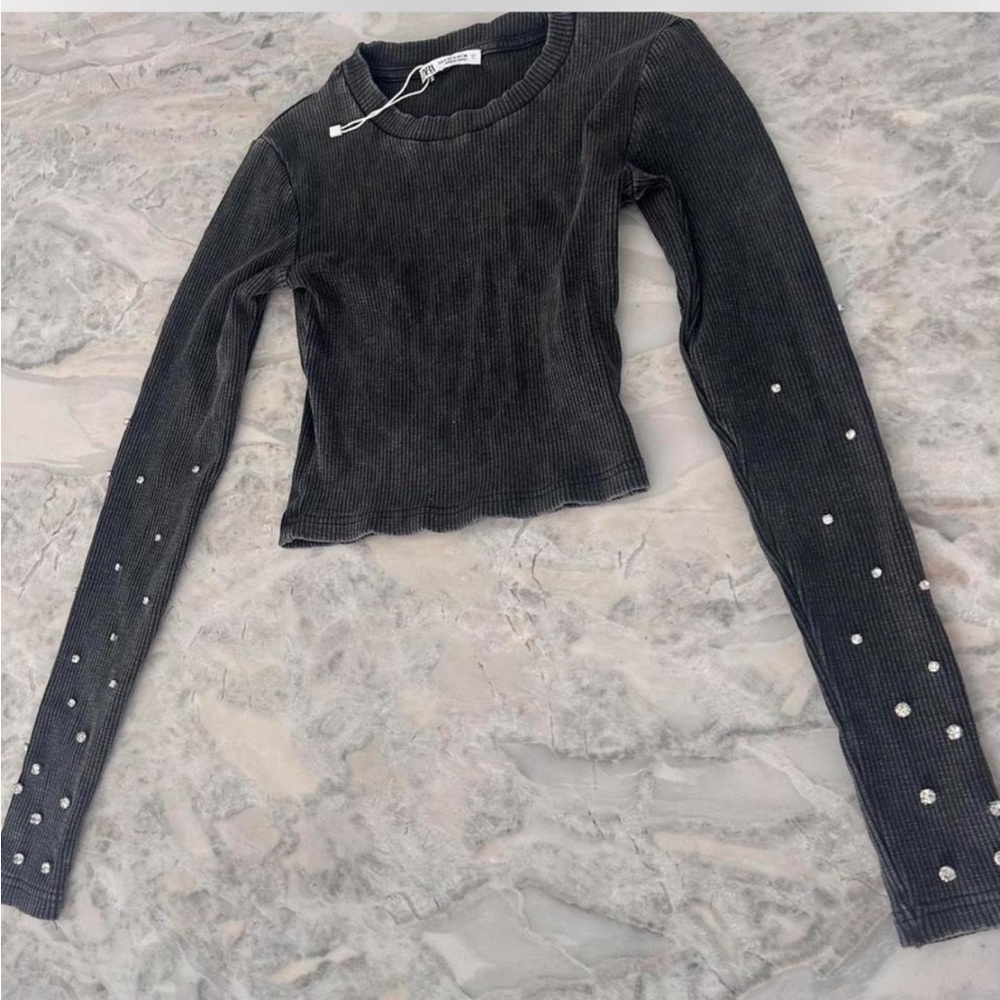 Zara Women's Gray Long Sleeve crop Top with rhinestones on sleeves